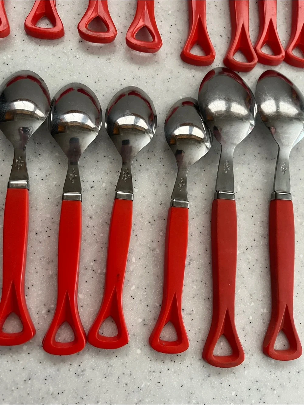 Vtg IIC Stainless Japan Red Handle Flatware 4 Settings 2 Serving Spoons *READ*